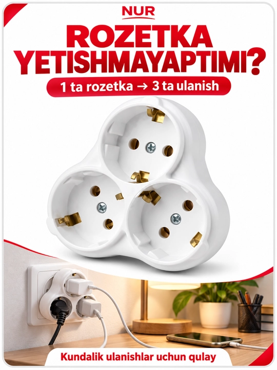 Uchtalik elektr rozetka adapteri, maishiy razvetvitel, oq rangli - 
