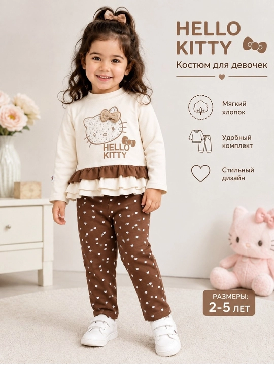 Qizlar uchun Hello Kitty bolalar kostyumi kofta va shim, paxtalik to‘plam 1 - 3 yosh - 