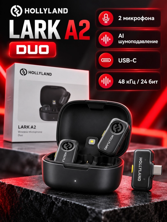 Hollyland LARK A2 Duo — беспроводной петличный микрофон, 2 шт., USB-C, зарядный кейс - 