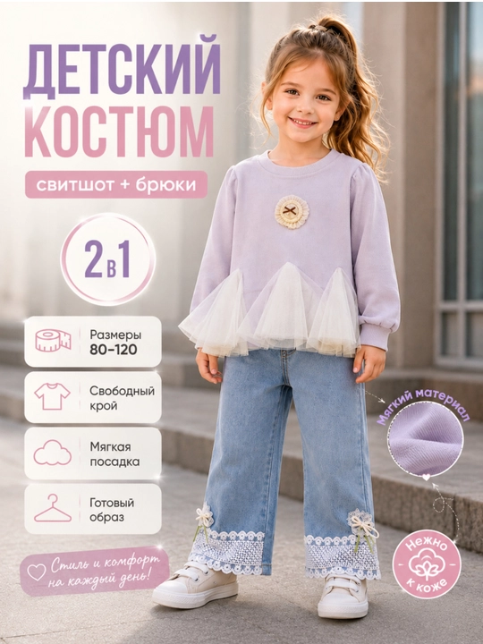 Современный комплект для девочек: кофта и широкие брюки, комплект для девочек - 