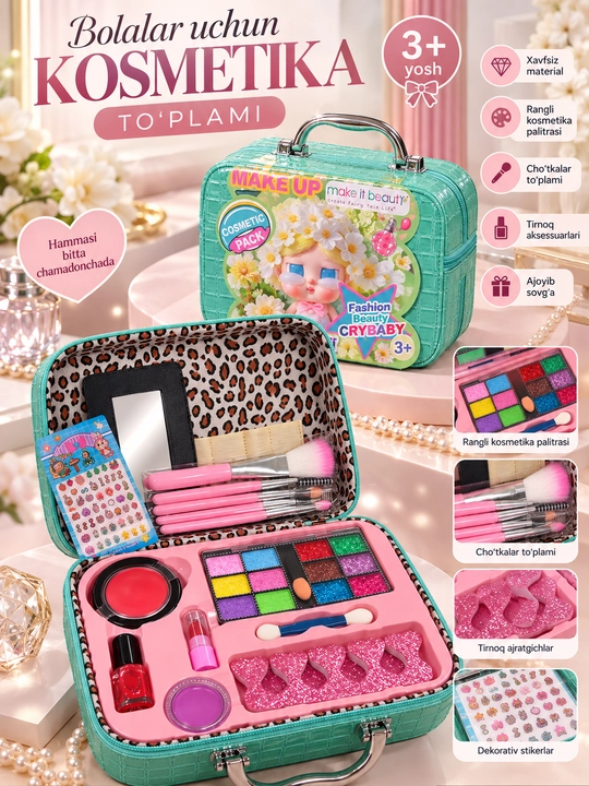CRY BABY Bolalar kosmetika to‘plami, qizlar uchun o‘yinchoq makiyaj nabori, sumkali - 