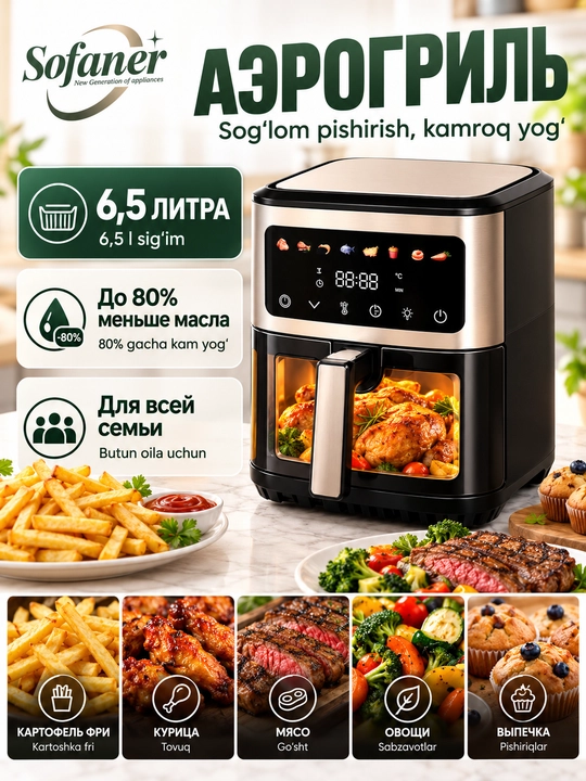 Aerogril SOFANER  6-10 l, yog‘siz qovurish, 1100-1400 Vt quvvatli, ko‘p funksiyali