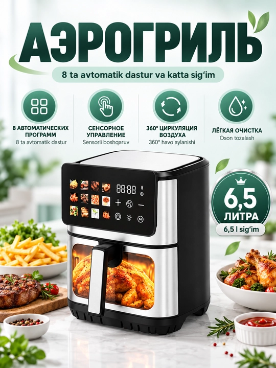 Aerogril SOFANER  6-10 l, yog‘siz qovurish, 1100-1400 Vt quvvatli, ko‘p funksiyali