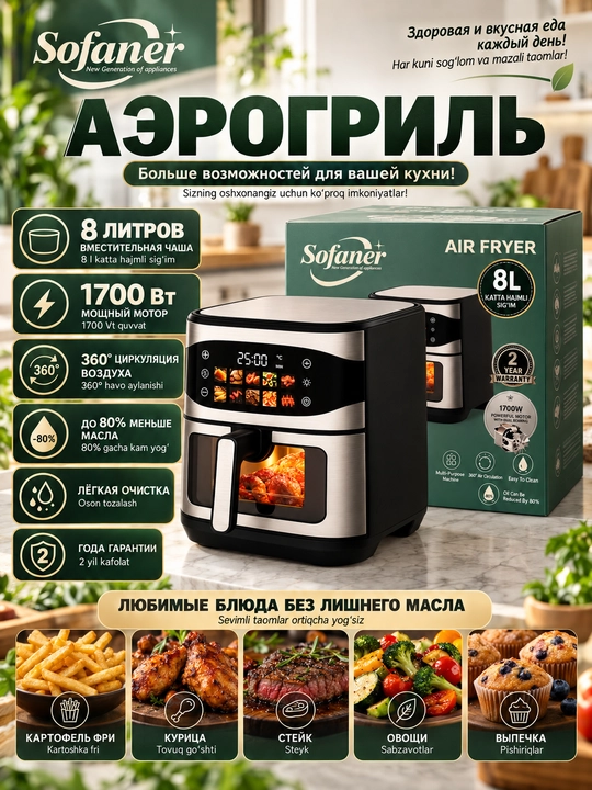 Aerogril SOFANER  6-10 l, yog‘siz qovurish, 1100-1400 Vt quvvatli, ko‘p funksiyali