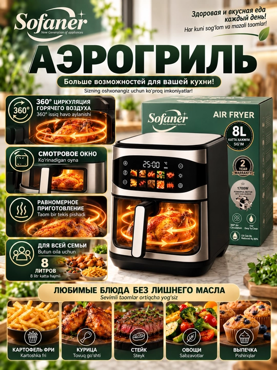 Aerogril SOFANER  6-10 l, yog‘siz qovurish, 1100-1400 Vt quvvatli, ko‘p funksiyali