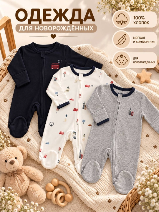 Комплект из 3 слип-боди для новорождённых, 100% хлопок, детские боди с закрытыми ножками - 