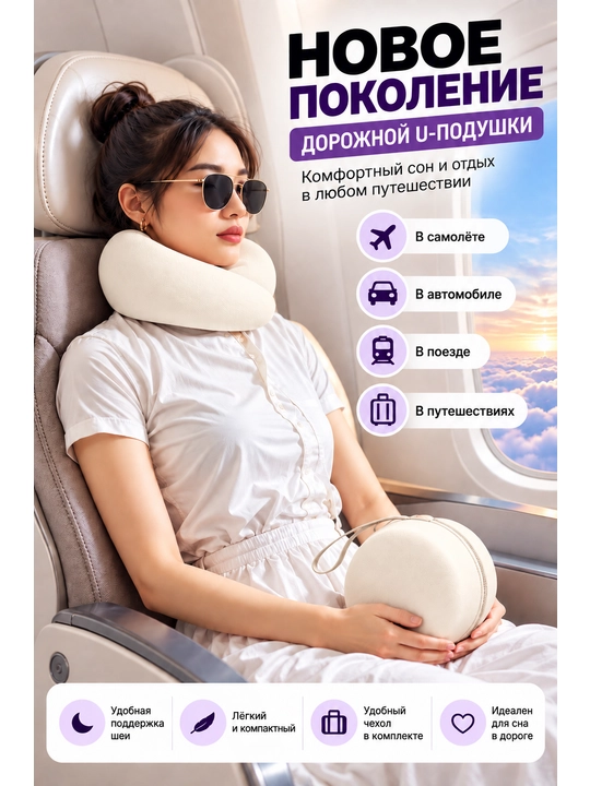 Sayohat bo‘yin yostig‘i U-shakl, ortopedik, 360° tayanch, samolyot va yo‘l uchun