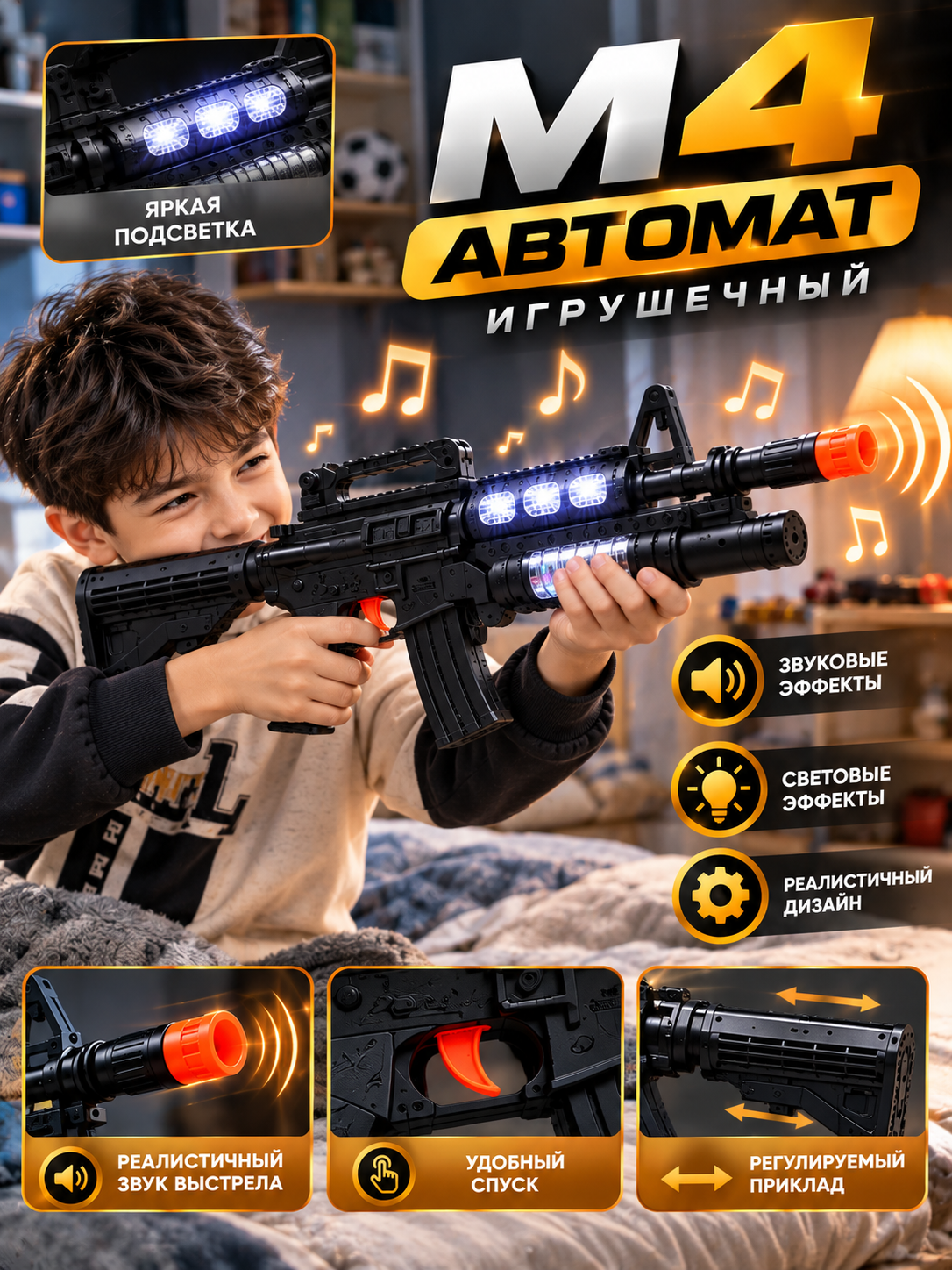 Игрушечный автомат M4 для детей, бластер с водяными шариками, светом и звуком