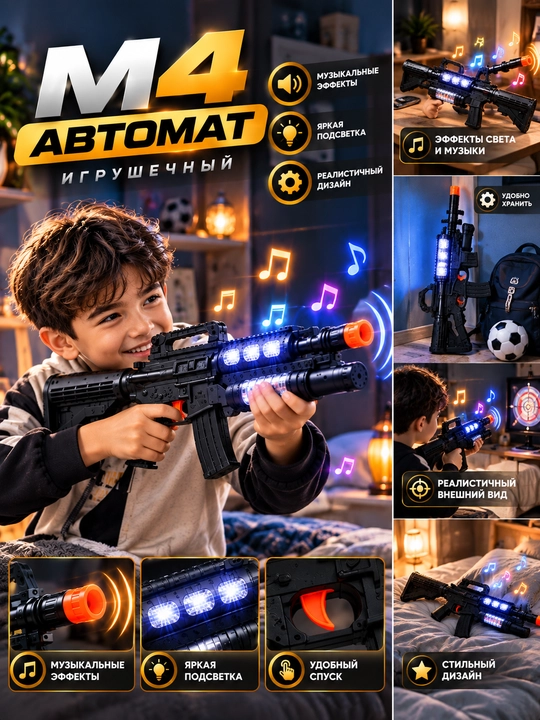 : M4 o‘yinchoq avtomat, bolalar uchun suv sharchali blaster, chiroq va ovozli effektli - 