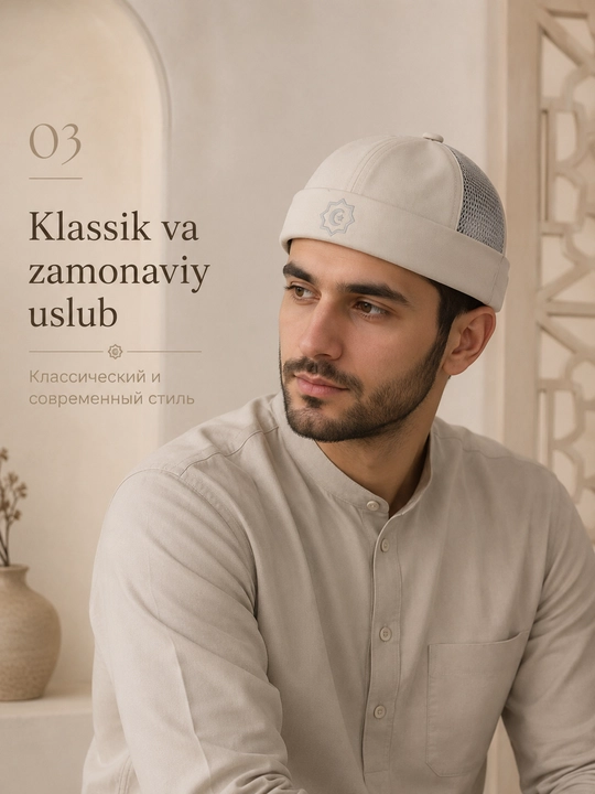 Do'ppi erkaklar uchun yengil va nafas oluvchi, namoz va kundalik uchun islomiy bosh kiyim