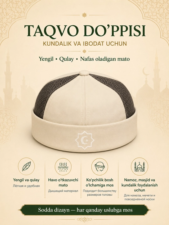 Do'ppi erkaklar uchun yengil va nafas oluvchi, namoz va kundalik uchun islomiy bosh kiyim