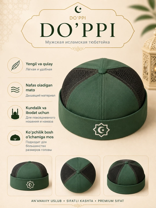 Do'ppi erkaklar uchun yengil va nafas oluvchi, namoz va kundalik uchun islomiy bosh kiyim