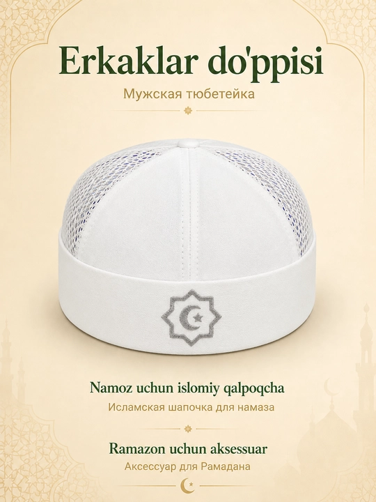 Do'ppi erkaklar uchun yengil va nafas oluvchi, namoz va kundalik uchun islomiy bosh kiyim