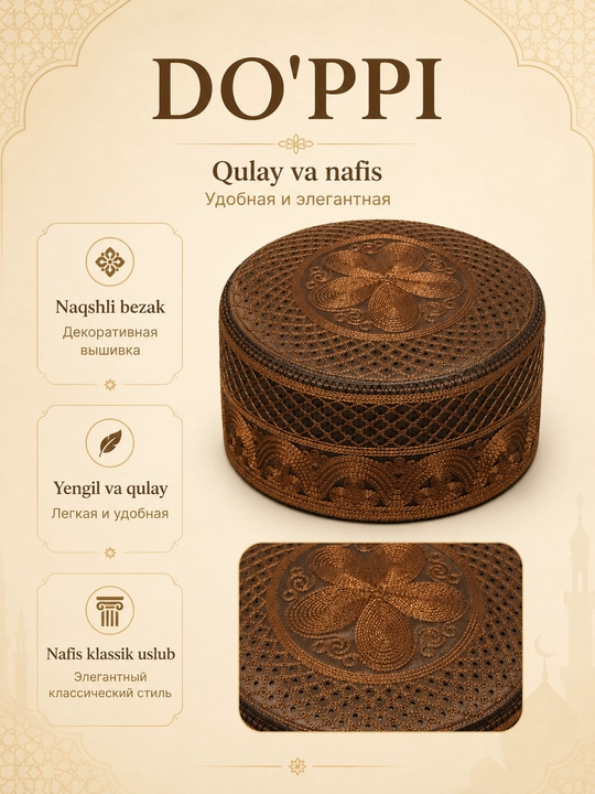 Do'ppi erkaklar uchun yengil va nafas oluvchi, namoz va kundalik uchun islomiy bosh kiyim
