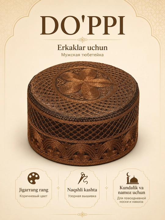 Do'ppi erkaklar uchun yengil va nafas oluvchi, namoz va kundalik uchun islomiy bosh kiyim - 