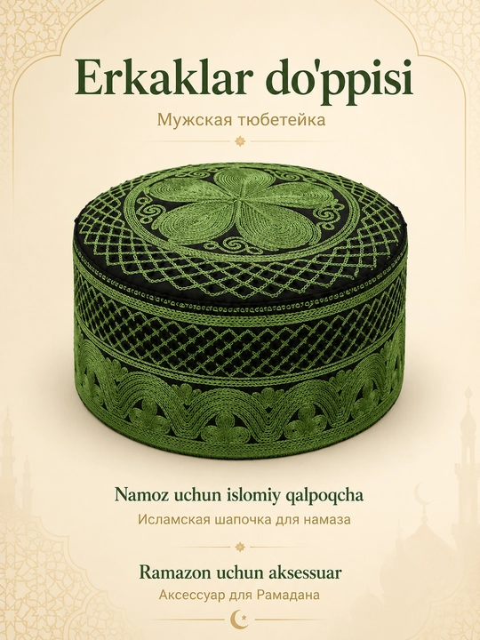 Do'ppi erkaklar uchun yengil va nafas oluvchi, namoz va kundalik uchun islomiy bosh kiyim