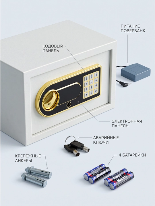 Электронный сейф 31х20х20, для хранения денег и документов, с ключом и аварийным питанием