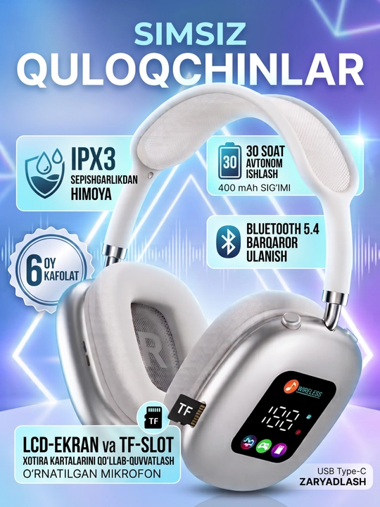 Simsiz quloqchinlar bluetooth naushnik AKZ MAX600 LED displey kompyuter va telefon uchun