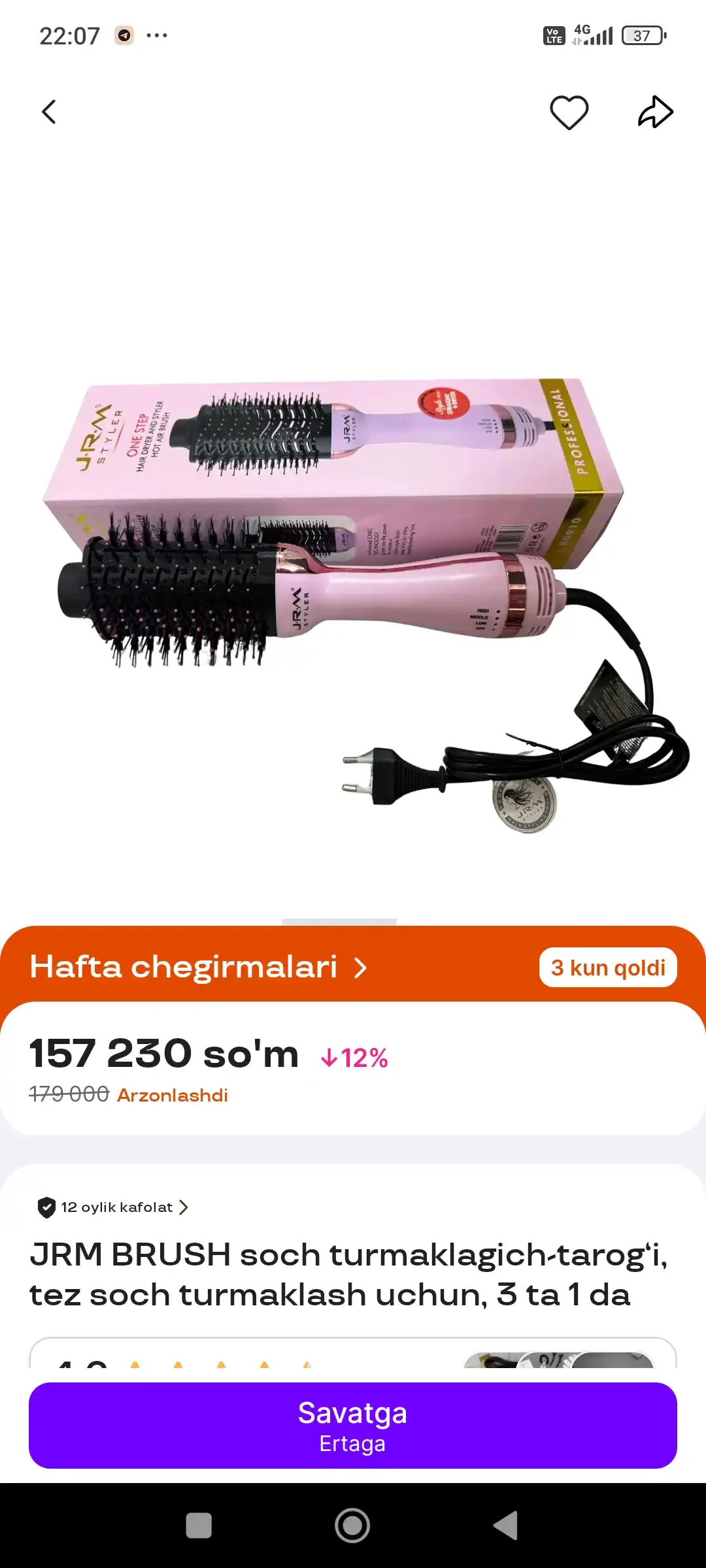 JRM BRUSH soch turmaklagich-tarog‘i, tez soch turmaklash uchun, 3 ta 1 da