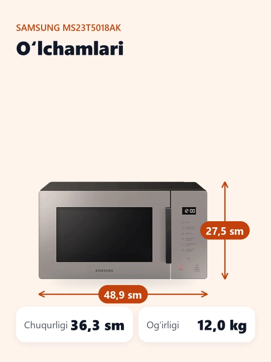 Mikroto'lqinli pech Samsung MS23T5018AK/AG Solo, 23 litr