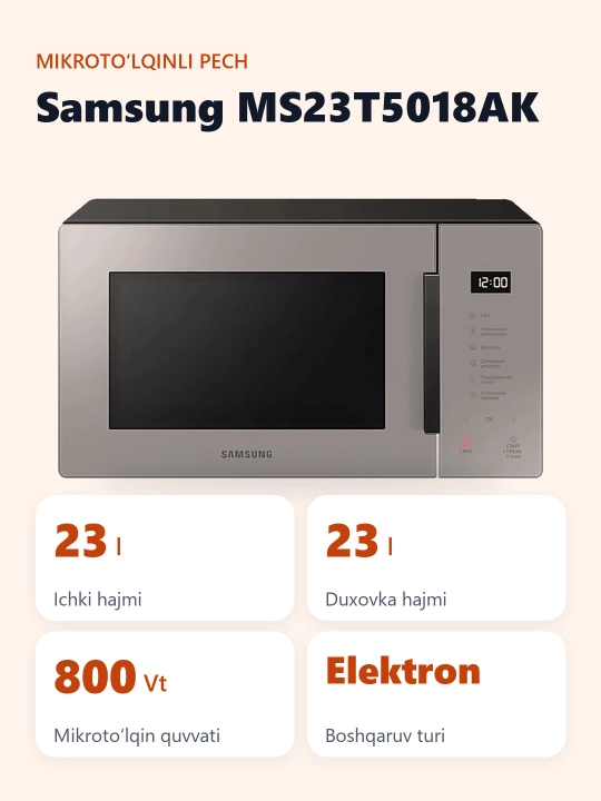 Mikroto'lqinli pech Samsung MS23T5018AK/AG Solo, 23 litr