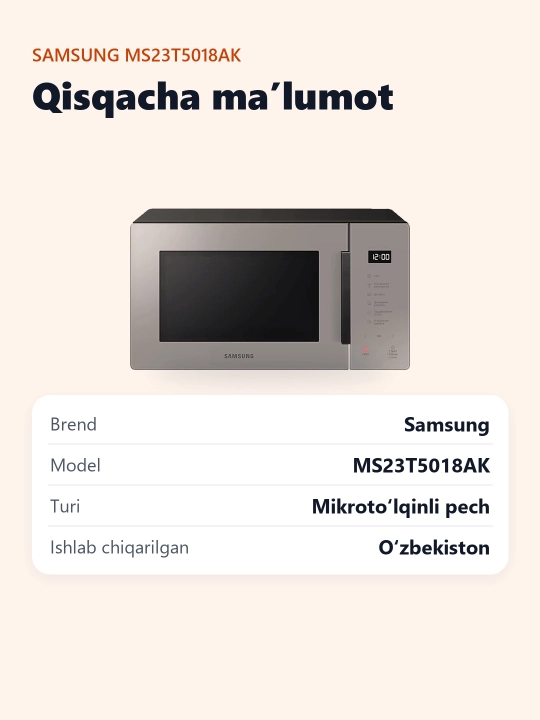Mikroto'lqinli pech Samsung MS23T5018AK/AG Solo, 23 litr