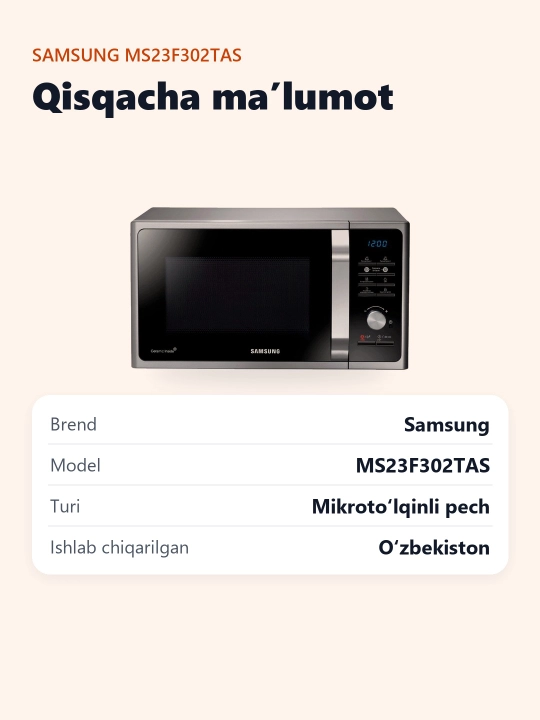 Mikroto'lqinli pech Samsung MS23F302TAS/UZ