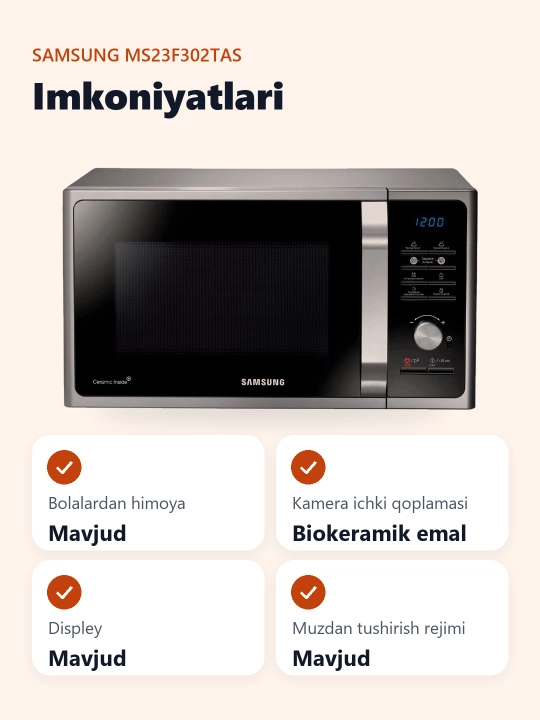 Mikroto'lqinli pech Samsung MS23F302TAS/UZ