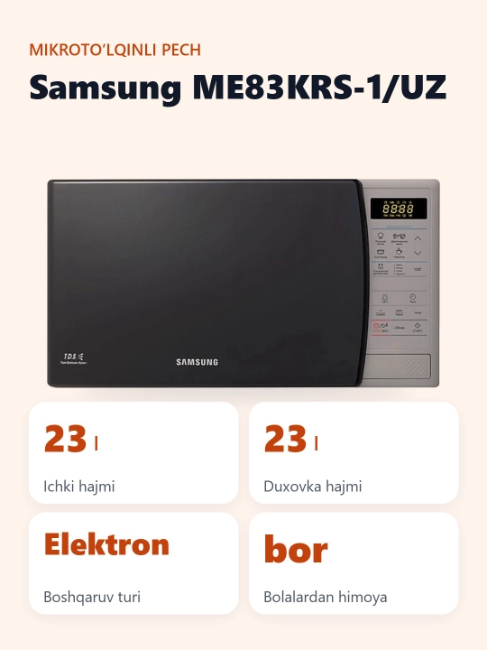 Mikroto'lqinli pech Samsung ME83KRS-1, Solo, 23 litr