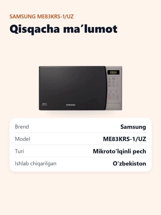 Mikroto'lqinli pech Samsung ME83KRS-1, Solo, 23 litr