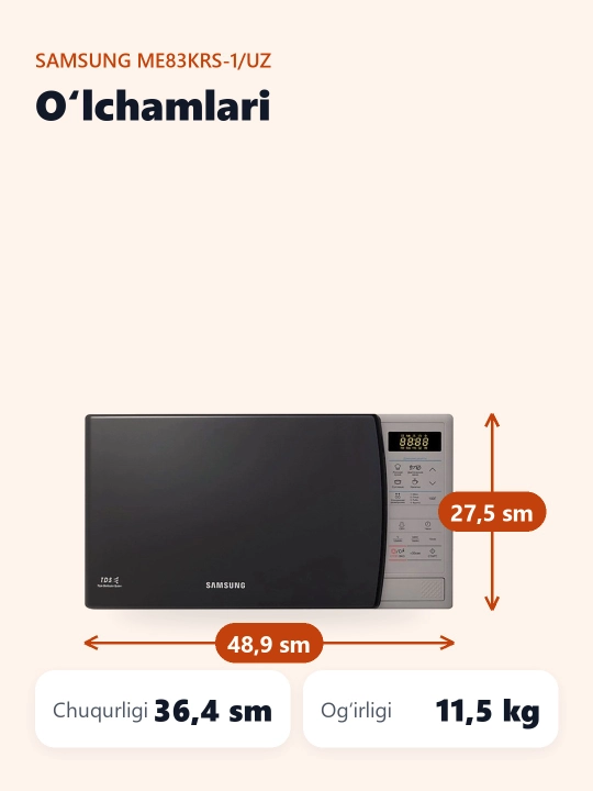Mikroto'lqinli pech Samsung ME83KRS-1, Solo, 23 litr