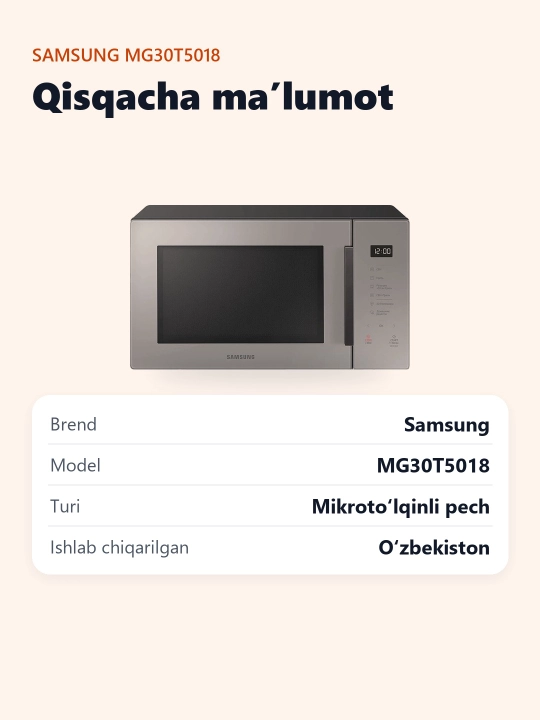 Mikroto'lqinli pech Samsung MG30T5018