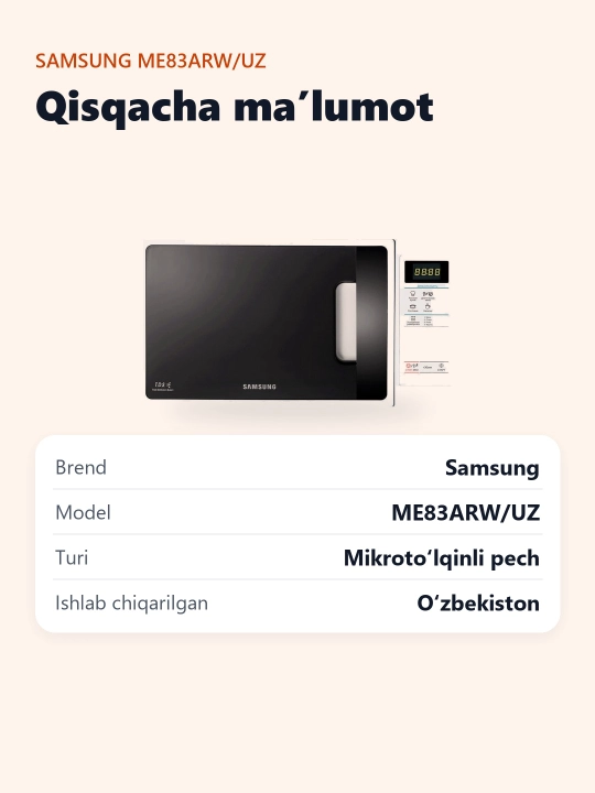 Mikroto'lqinli pech Samsung ME83ARW/UZ