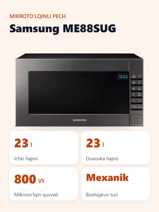 Keramik emal qoplamali Samsung ME88SUG/UZ mikroto‘lqinli pechi, 23 litr