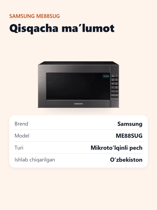 Keramik emal qoplamali Samsung ME88SUG/UZ mikroto‘lqinli pechi, 23 litr