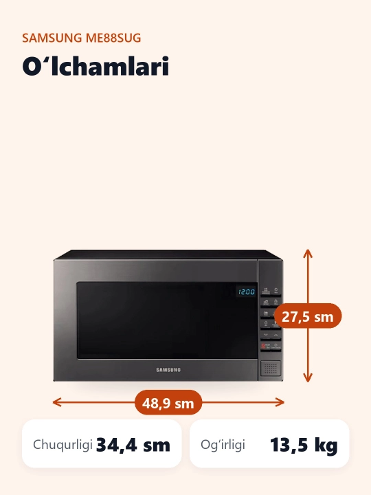 Keramik emal qoplamali Samsung ME88SUG/UZ mikroto‘lqinli pechi, 23 litr