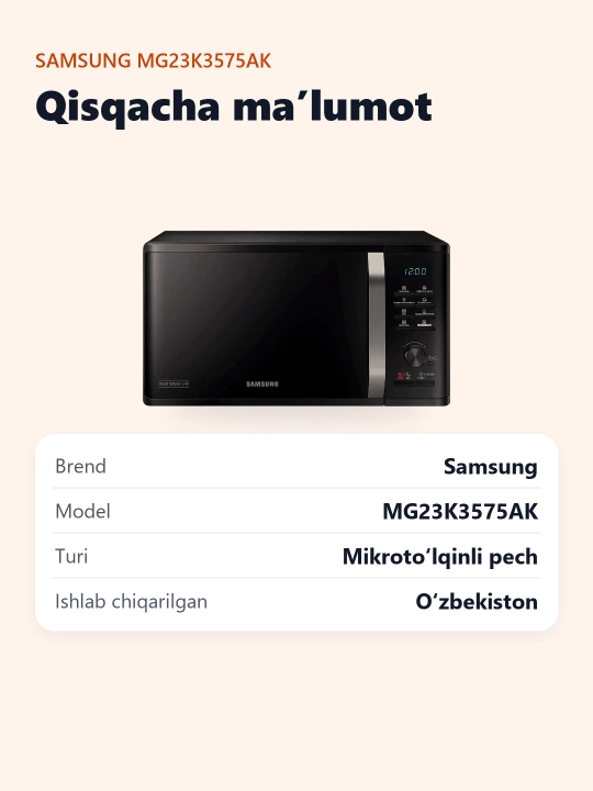 Mikrotolqinli pech Samsung MG23K3575AK