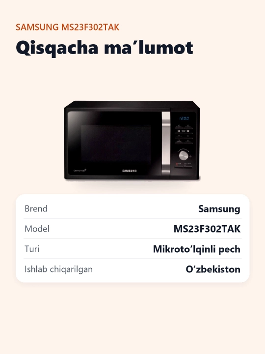 Mikroto'lqinli pech Samsung MS23F302TAK/UZ