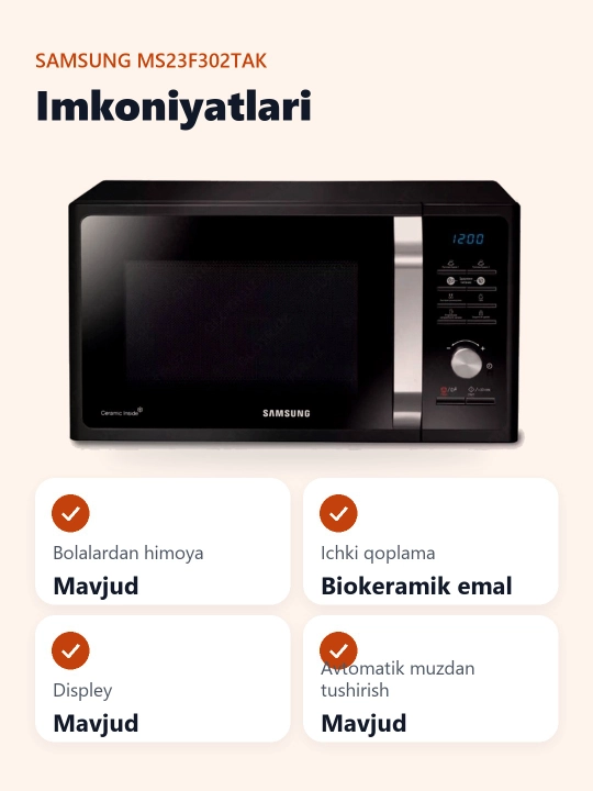 Mikroto'lqinli pech Samsung MS23F302TAK/UZ