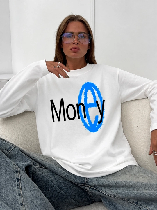 LMBYT oq erkin bichimli longsliv, Money yozuvi va ko‘k halqa printi bilan