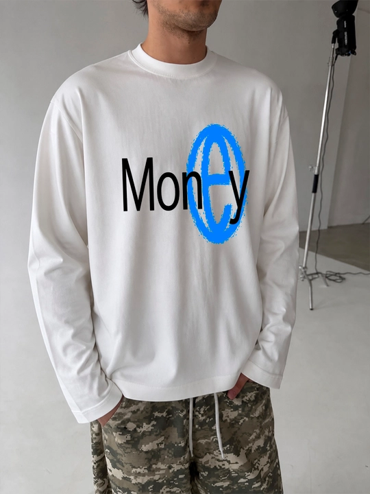 LMBYT oq erkin bichimli longsliv, Money yozuvi va ko‘k halqa printi bilan