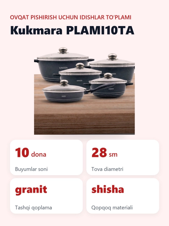 Oshxona idish-tovoqlari to‘plami, 10 ta buyum, shisha qopqoqli kuyishga qarshi qozonlar