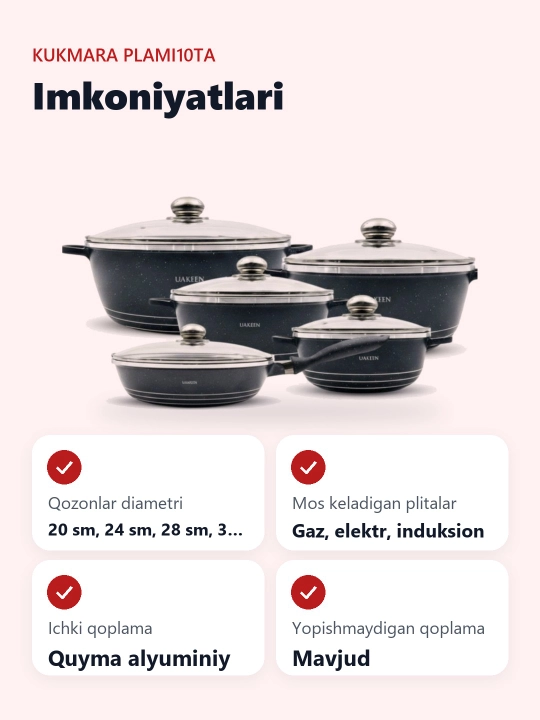 Oshxona idish-tovoqlari to‘plami, 10 ta buyum, shisha qopqoqli kuyishga qarshi qozonlar