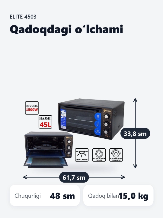Mini-pech ELITE-4503, issiqlikka chidamli shisha, chiroq, 45 litr