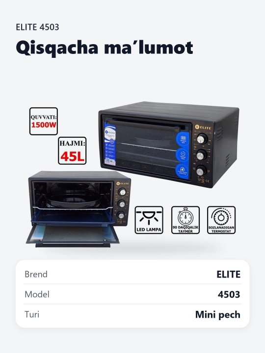 Mini-pech ELITE-4503, issiqlikka chidamli shisha, chiroq, 45 litr