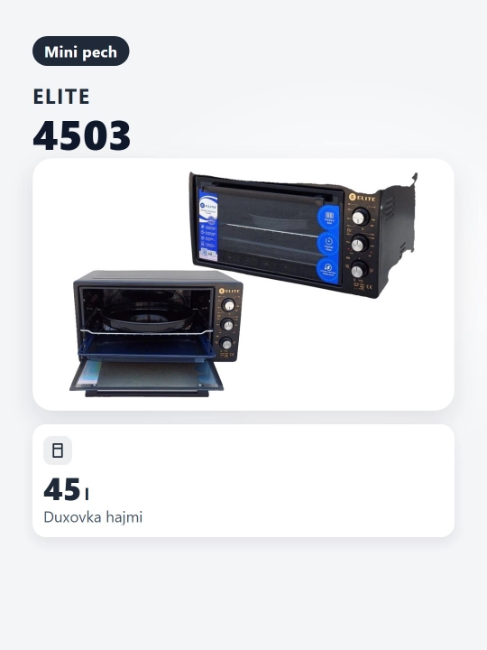 Mini-pech ELITE-4503, issiqlikka chidamli shisha, chiroq, 45 litr