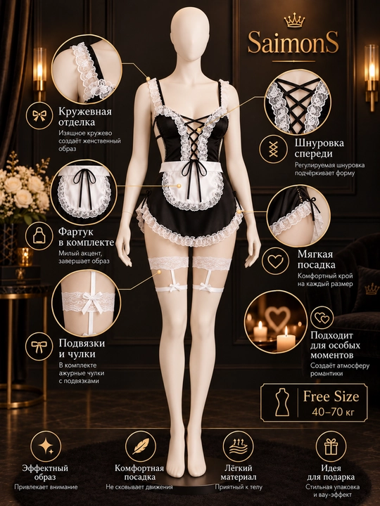 Ayollar obraz kostyumi, to‘rli to‘plam, bodi, fartuk, bog‘ichlar, ayollar ichki kiyimi