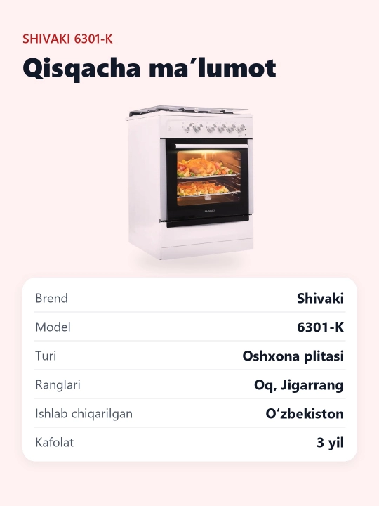 Shivaki 6301-K plitasi, 3 ta konforka, 65 l