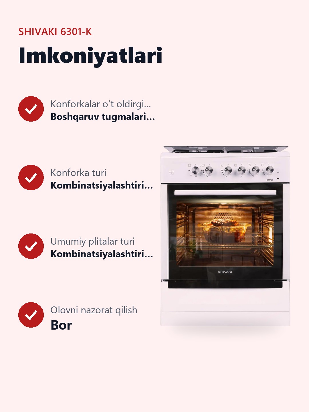 Shivaki 6301-K plitasi, 3 ta konforka, 65 l - 