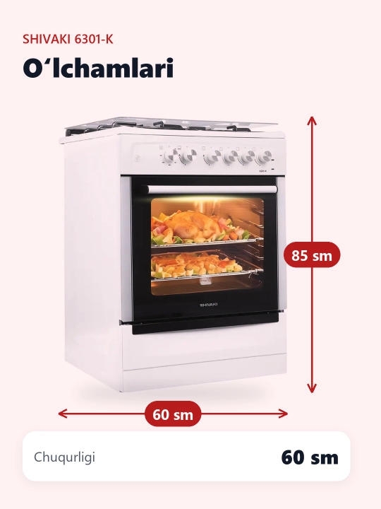 Shivaki 6301-K plitasi, 3 ta konforka, 65 l
